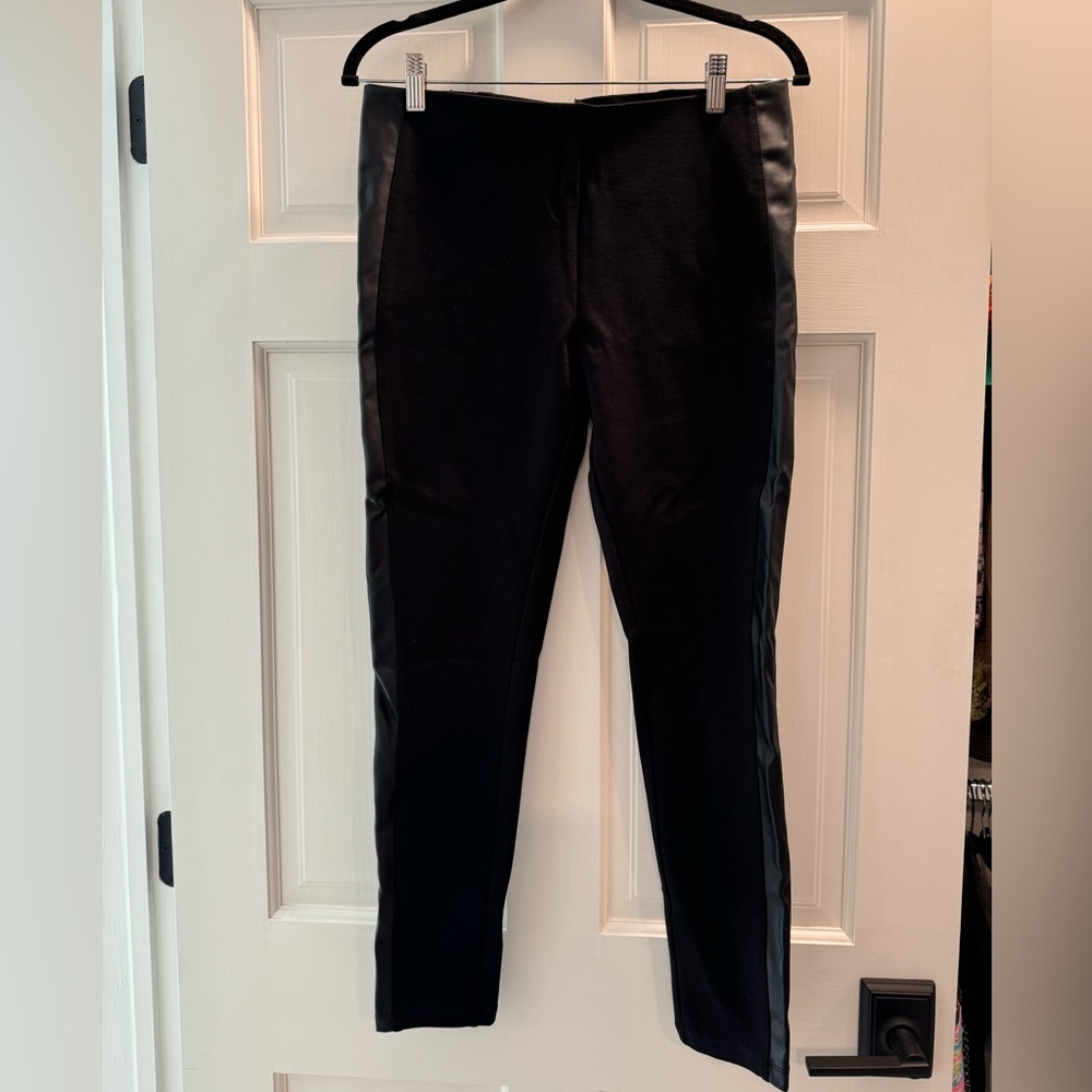 Black Slim Leggings with Faux Leather Trim